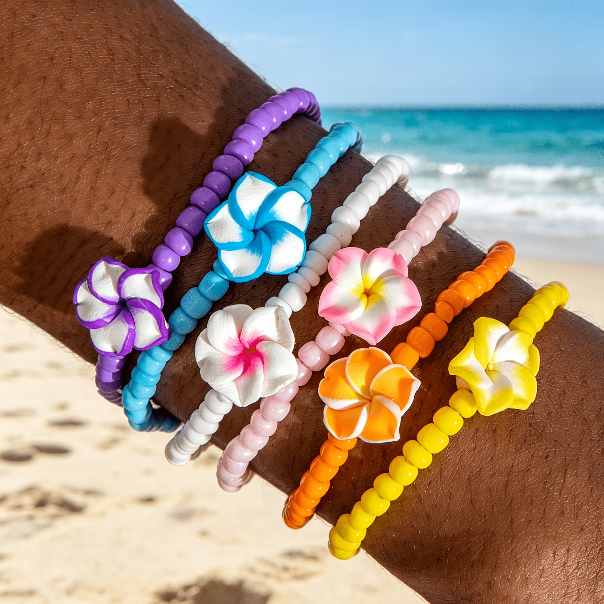 TEMU 6pcs Bohemian Colorful Egg Flower Pendant Bracelet Set, Stackable Elastic Rope, Rice Bead Bracelet Suitable For Women's Parties, Daily Matching,