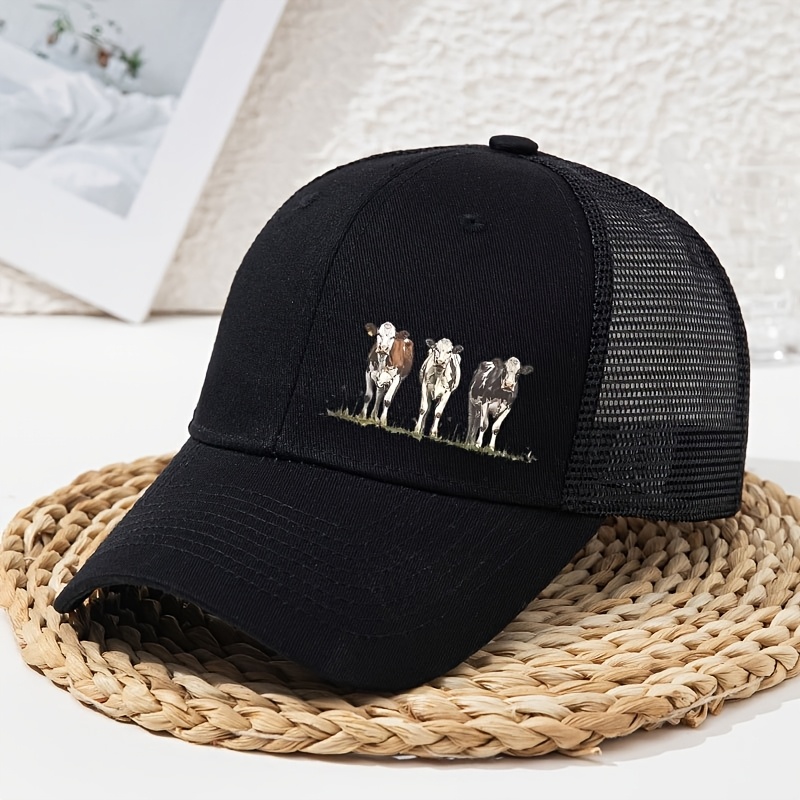 TEMU Cartoon Three-cow Print Women's Printed Trucker Baseball Printed Mesh Snapback Summer Hat Unisex Driver