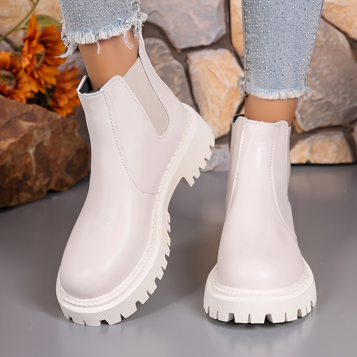 

Women's Slip-on Ankle Boots - Fashionable Chunky Heel, Non-slip , Comfortable Fabric , Solid Color Pu Cover