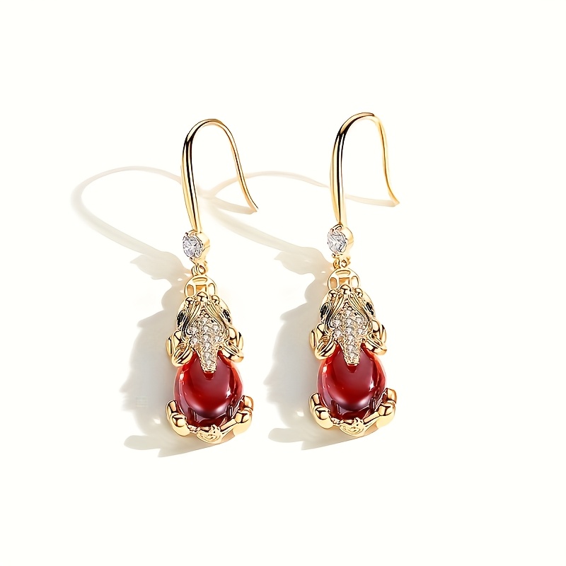TEMU 4pcs, New Chinese Style Pixiu Copper Earrings | With Red Teardrop Gemstone And Rhinestone Embellishments | Luxurious Retro Women' | Suitable For
