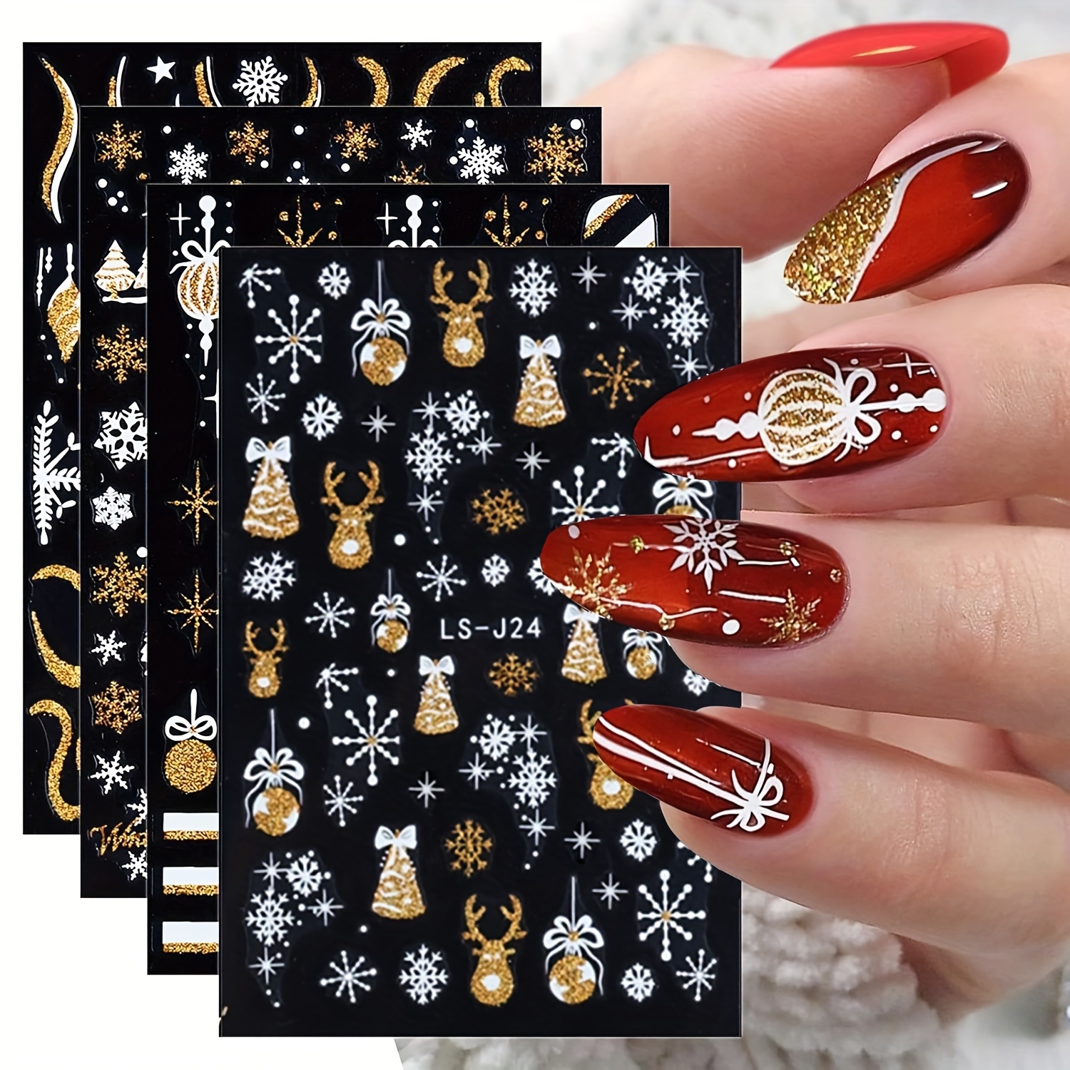 

4 Sheet Christmas Nail Art Stickers, Self-adhesive Holiday Golden Snowman Art Decals For Party, Nail Art Supplies For Women And Girls