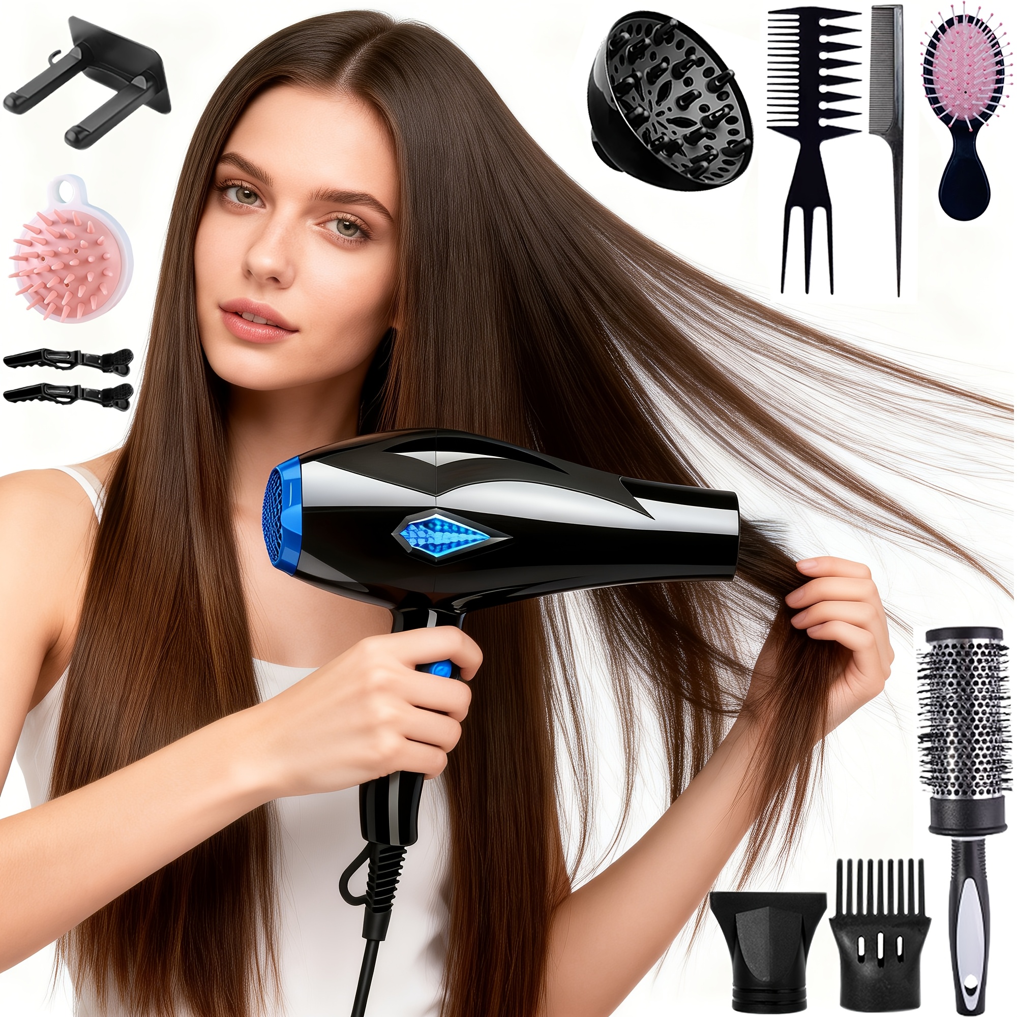 TEMU Morfone 12pcs Hair Dryer Set Hair Care Tools, 1600w For Home Hair Salon Hair Dryer Multi-speed Adjustable Hair Drying Styling And Curling Brush