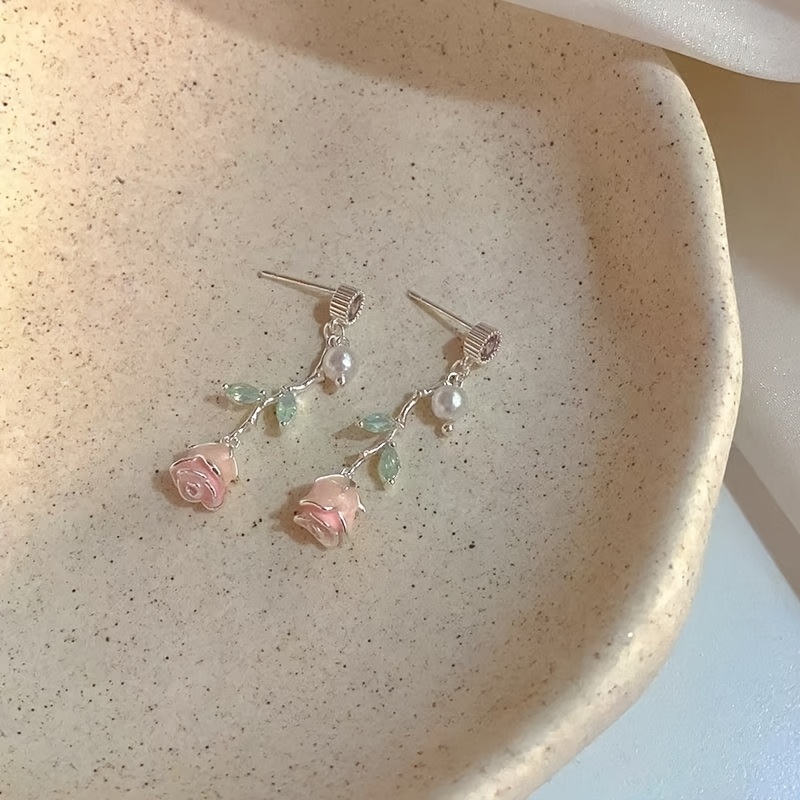 TEMU Boucles d'oreilles 2 pièces de luxe léger en émail avec rose, boucles d'oreilles dopamine printemps-été, pour l'anniversaire de la meilleure