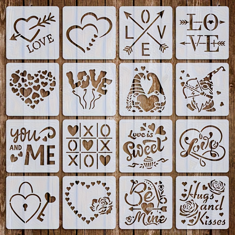 E-shop 16er-Set Herz-Kunstschablonen, 3x3 Zoll wiederverwendbare Zeichenschablonen, inklusive Herz-, Amor- Rosenmustern, geeignet für Feiertagsfeiern