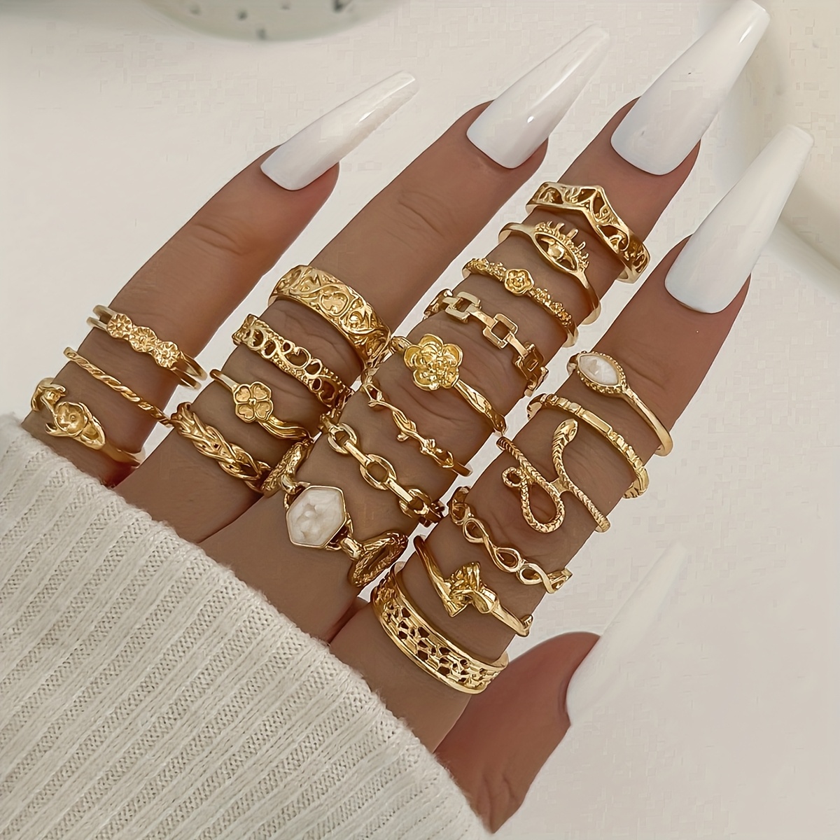 E-shop 21-teiliges stapelbares Ring-Set aus Legierung mit Tropf-Emaille, modische Glieder-, Schlangen-, Blumen-, Augen-, Unendlichkeitszeichen- kleine