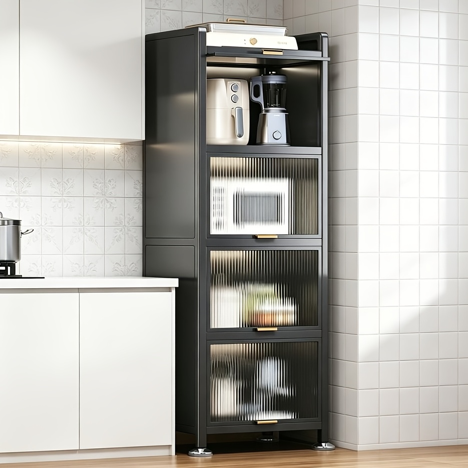 Image of 4-tier Narrow Carbon Steel Storage Cabinet With Acrylic Flip-up Doors, Adjustable Multi-tier Narrow Crevice Organizer For Kitchen, Bathroom And Laundry Room, Space- Tall Cabinet, Standing Shelf