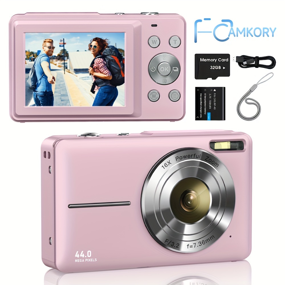 CAMKORY Digital Camera, FHD 1080P Camera with 32GB Card, Battery, Lanyard, Storage Bag, 16X Zoom Anti Shake, 44MP Compact Portable Small Point Shoot Camera Gift for Beginners (Pink, Black, Purple, Green)