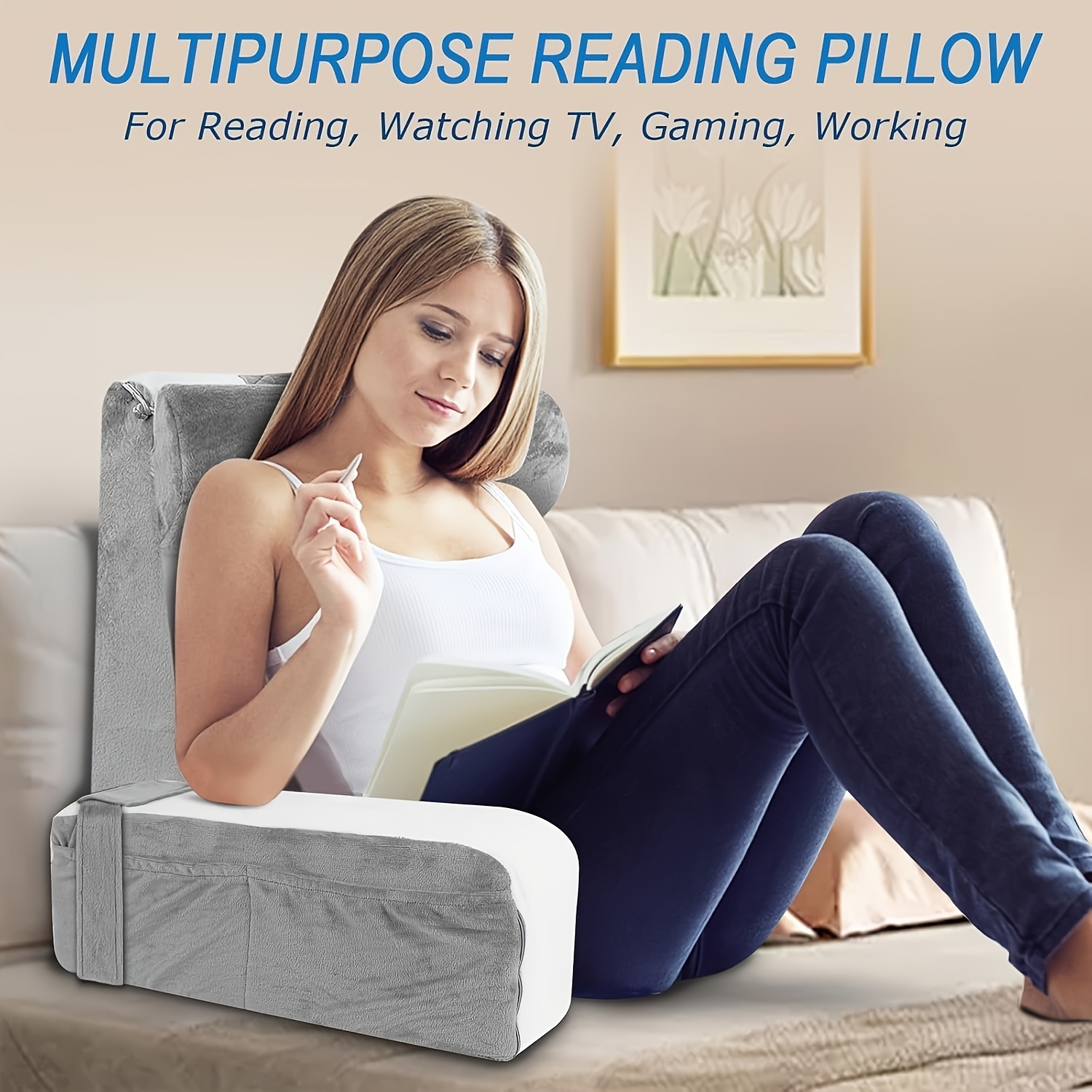 Comfortable Bed Reading Pillow - Ergonomic Sit-Back Cushion with Pockets, Ideal for TV Watching, Reading, Gaming - Soft Polyester, Gray/White, Perfect for Couch, Sofa, or Floor Rest