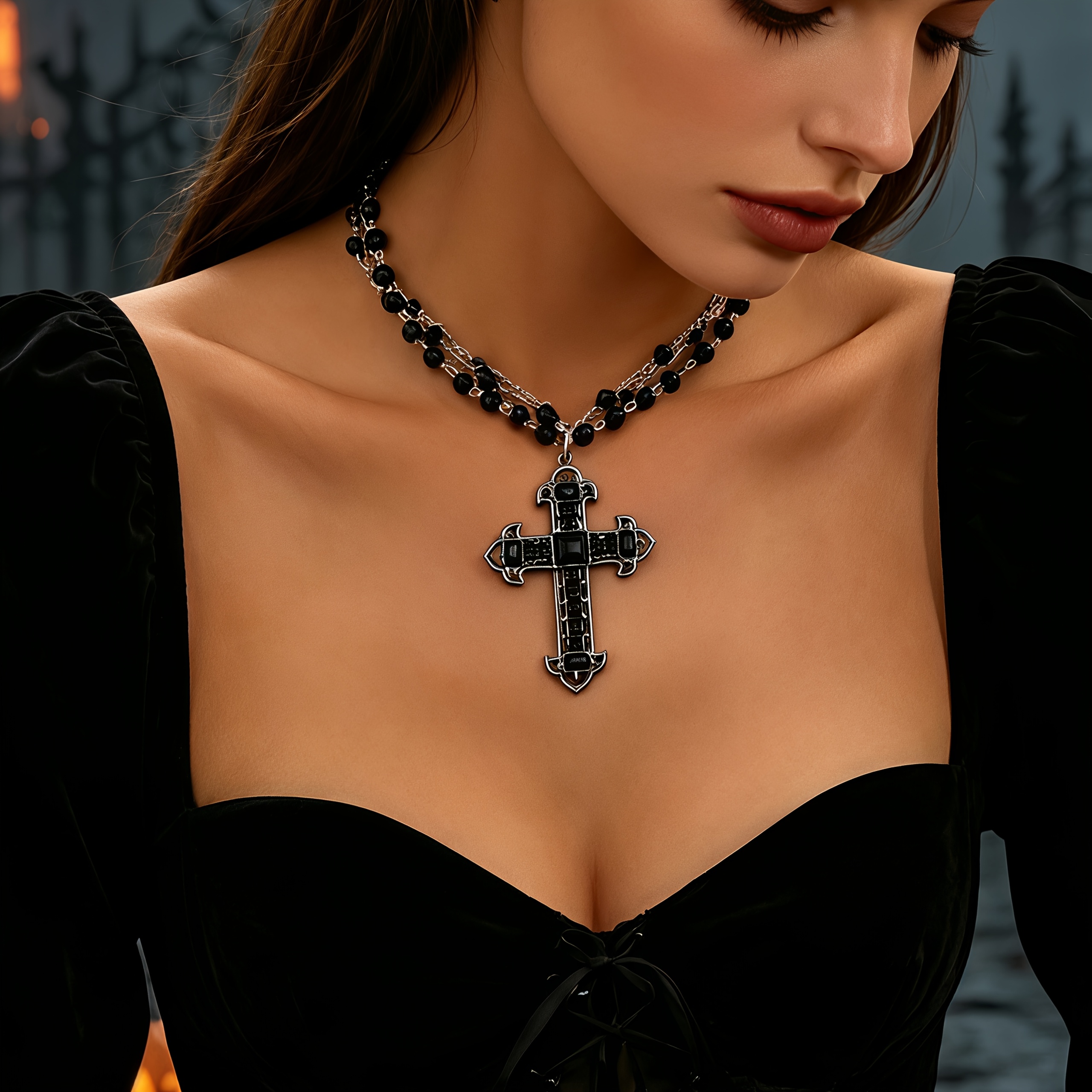 Women's Multi-Layer Black Bead Chain with Vintage Cross Pendant Necklace