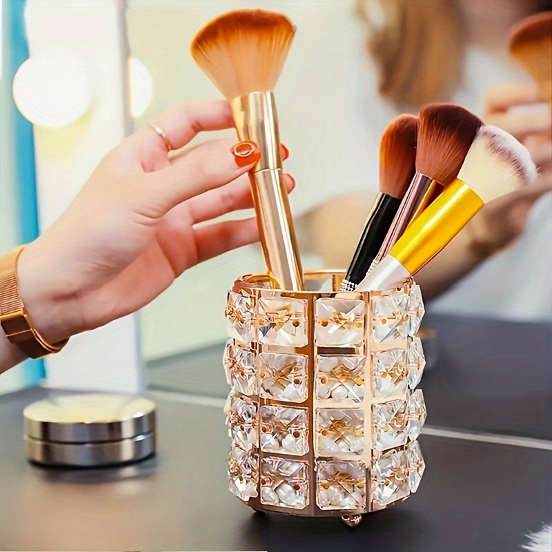 

Elegant Crystal Makeup Brush Holder - Polished Metal Pen & Vanity Organizer, Lightweight Iron Storage Caddy For Home Organization