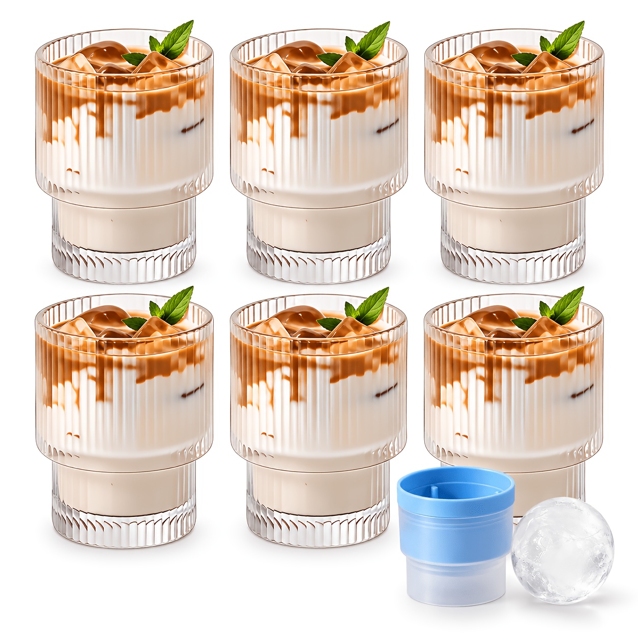 TEMU 6pcs, 200ml/6.8oz Retro Glass Cups, Ice Coffee Mugs, Juice Cups, Stackable Glass Cups, With 1 Reusable Ice Ball Mold, Drinking Glass, Suitable
