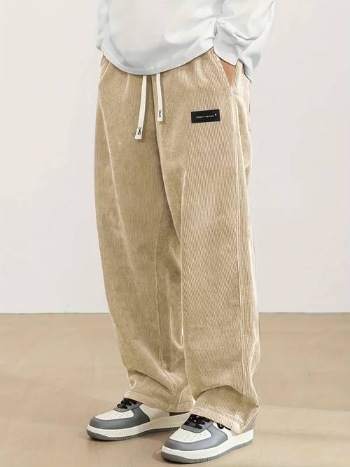 mens corduroy straight leg long pants with drawstring elastic waist for spring and autumn casual and sporty pants for daily wear leisure and hiking