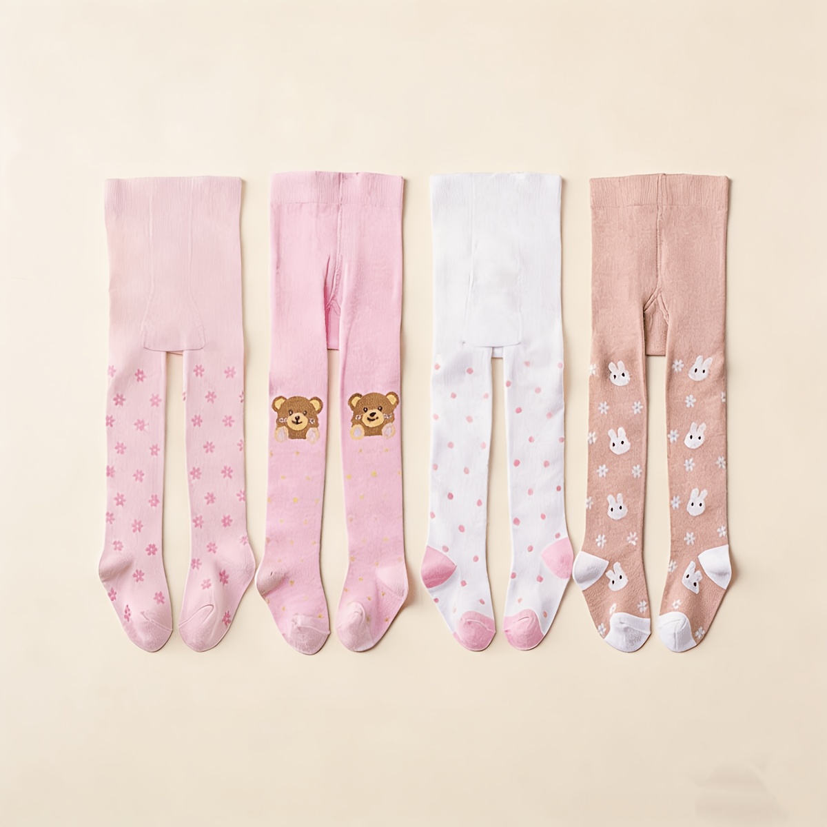 Image of 4 Pairs Of Spring And Fall Girls' Pantyhose, Cute Bear And Rabbit Patterns, Sweet, Breathable And Soft Baby Pantyhose