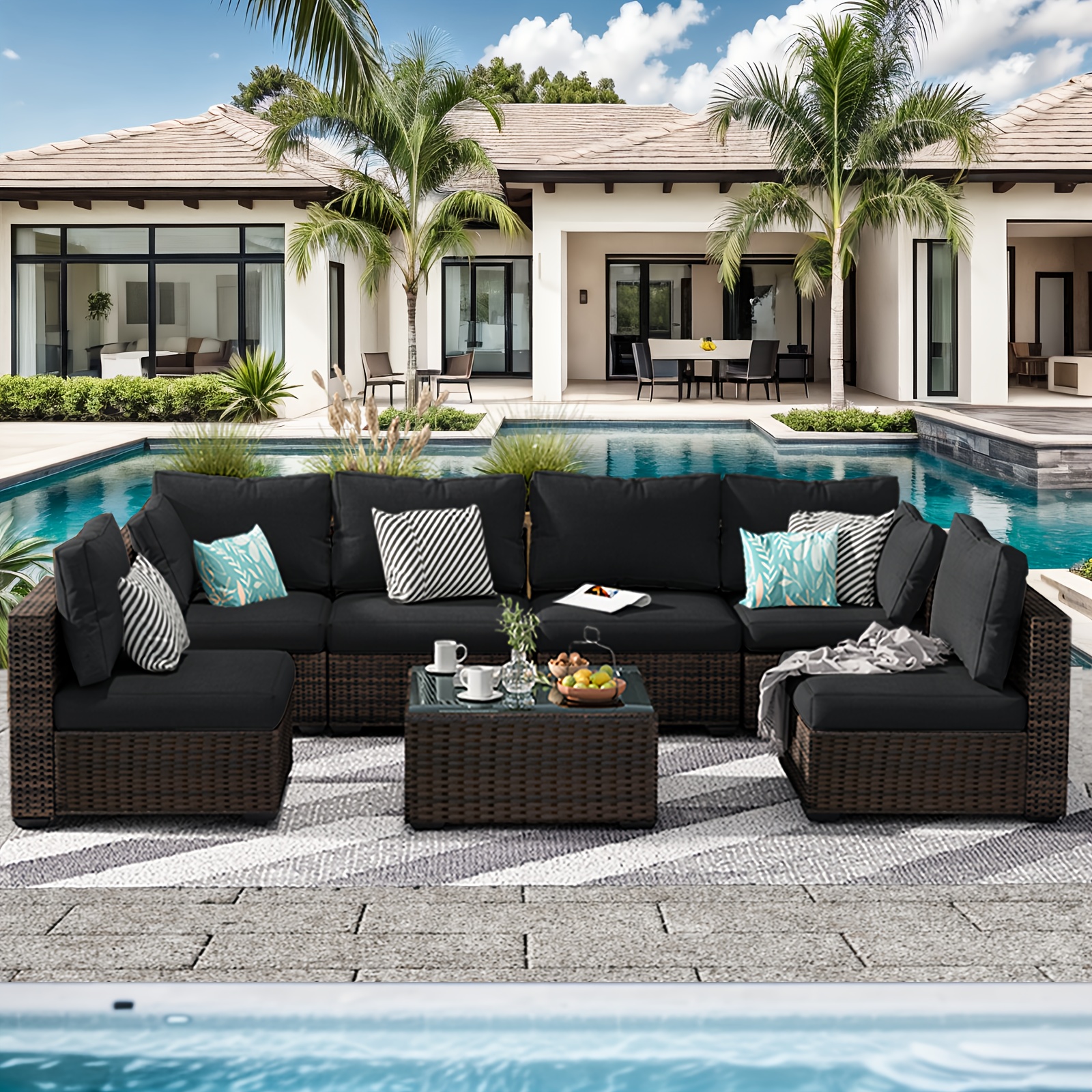 

7 Pieces Patio Furniture Set Outdoor Sectional Sofa, All Weather Outdoor Sectional Pe Rattan, Patio Conversation Sets With Cushions And Glass Coffee Table For Garden Lawn Balcony Porch Deck