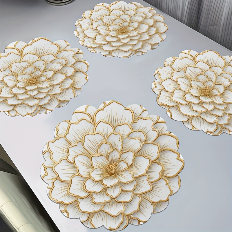 Image of 2d Flat 4pcs Chritma Themed Lace Round Placemat, Featuring Elegant White And Golden Floral Deign. Thee Nonslip, Machine Wahable Placemat Are Durable And Eay To Clean, Meauring, 2d Flat