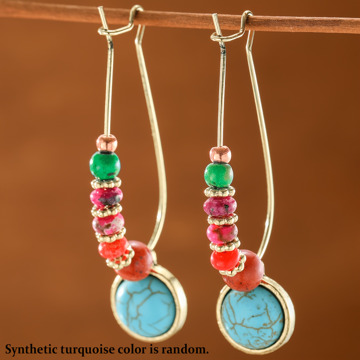TEMU Pendientes colgantes para mujer con cuentas sintéticas multicolores de estilo retro, joyería para mujer fácil de usar con incrustaciones de