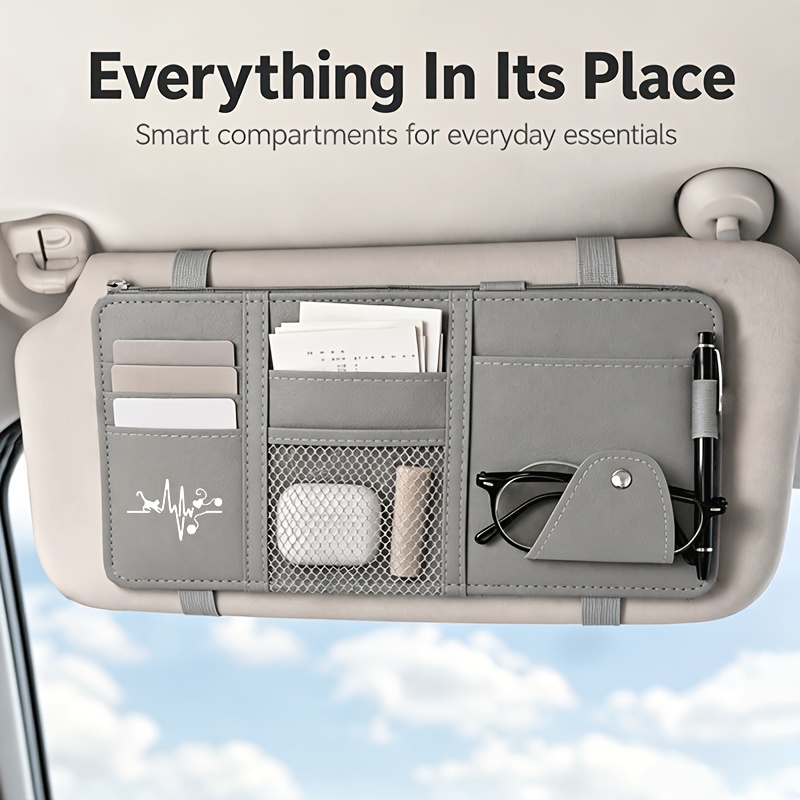 TEMU 1pc Cat Heartbeat Ekg Wave Pattern Sun Visor Storage Bag Multifunction Car Card Holder License Document Bill Pu Leather Storage Card Bag Car