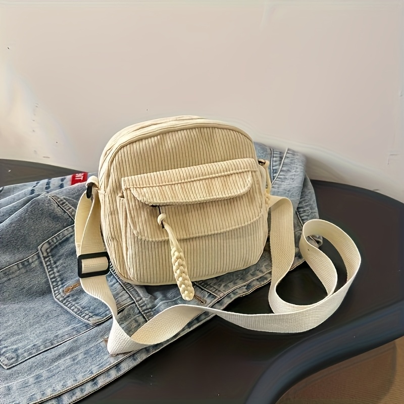 TEMU Retro Harajuku Style Women's Corduroy Crossbody Bag, Japanese Design, With Adjustable Shoulder Strap, Zipper Closure, Striped Pattern, Suitable