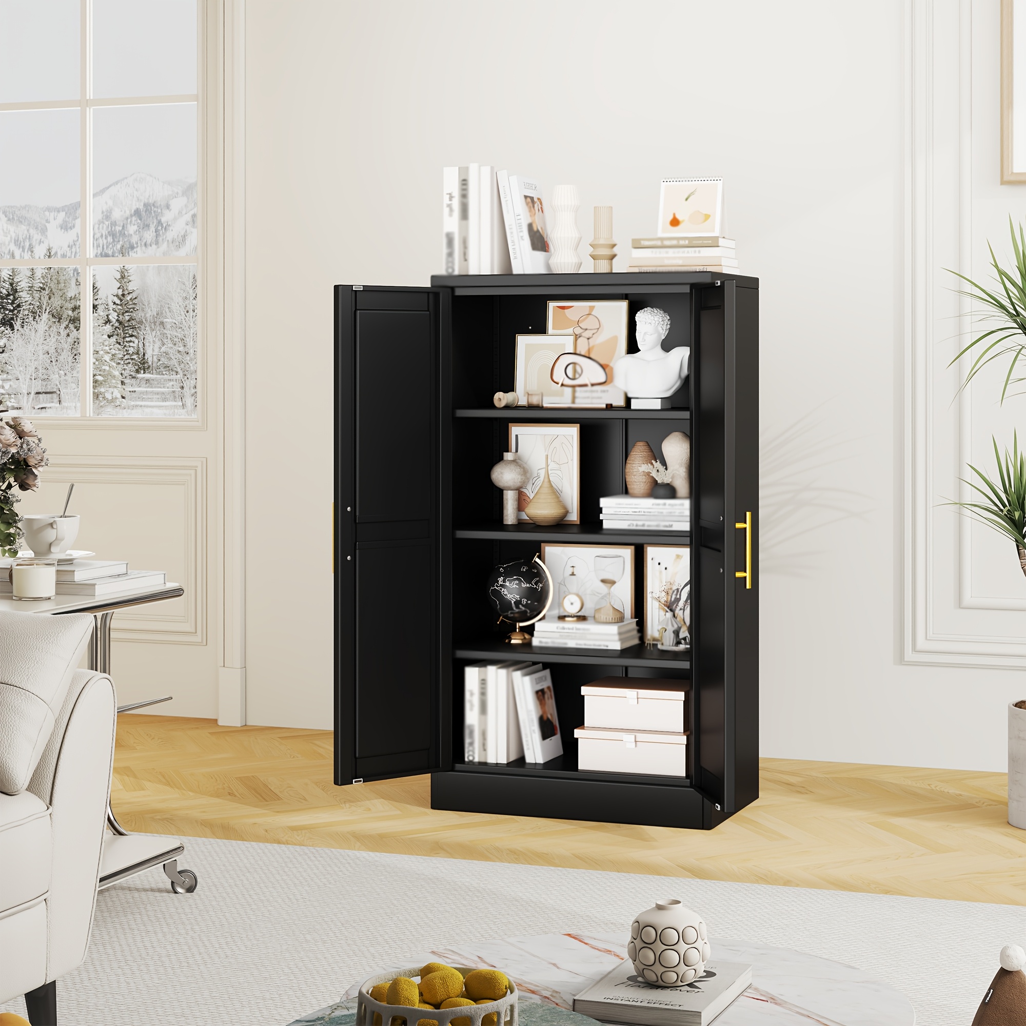TEMU Mxa 47.24" Metal Storage Cabinet With Adjustable Foot, Kitchen Pantry Sideboard Cabinet With 3 Adjustable Shelves, Utility Modern Freestanding