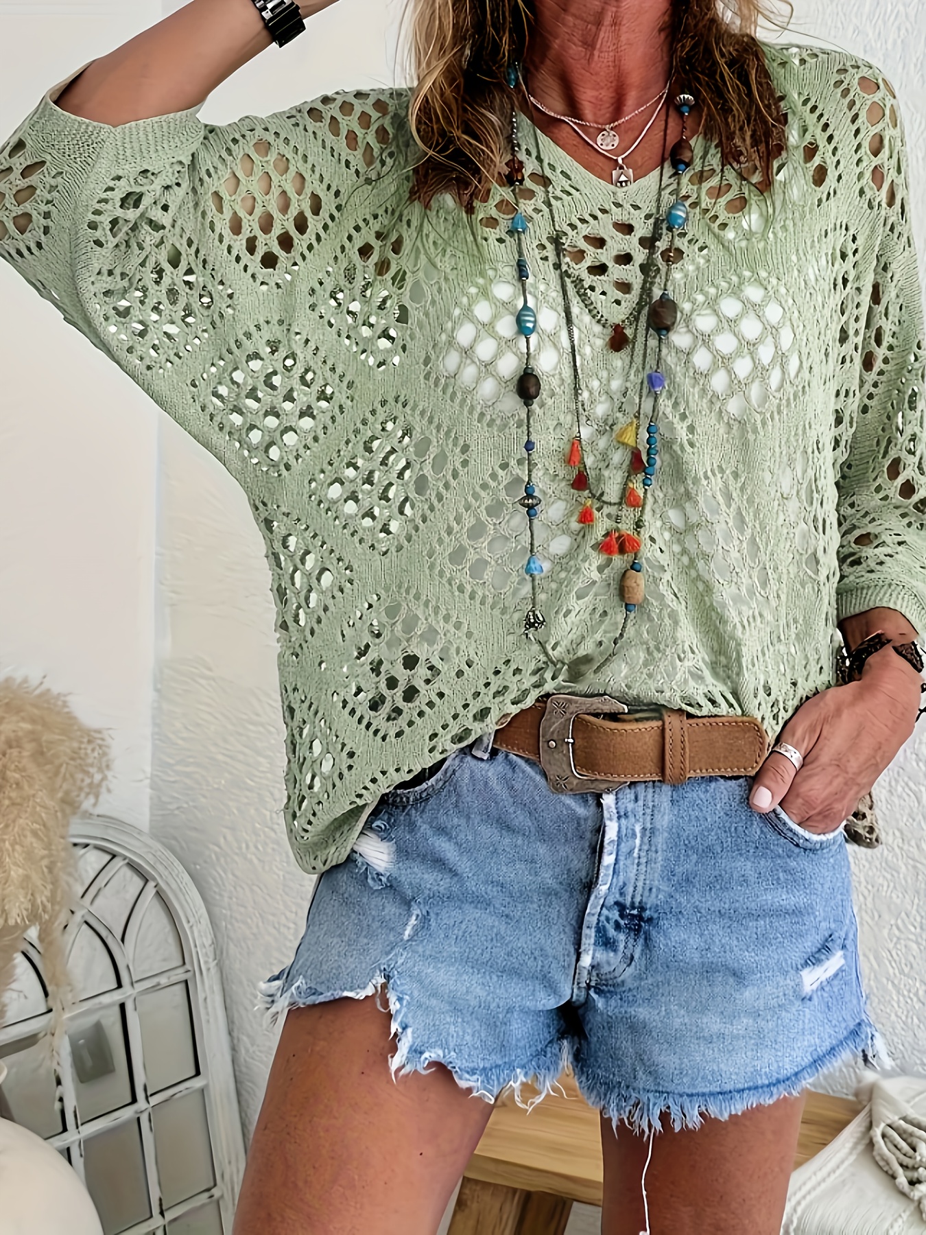 1pc womens sweater with lace cutout   loose top