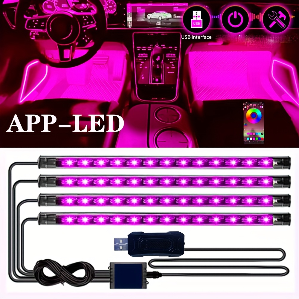 TEMU Kit di illuminazione LED per interni auto 4 pezzi - Alimentazione USB, luci colorate sotto i piedi con sincronizzazione per un' , 52 LED