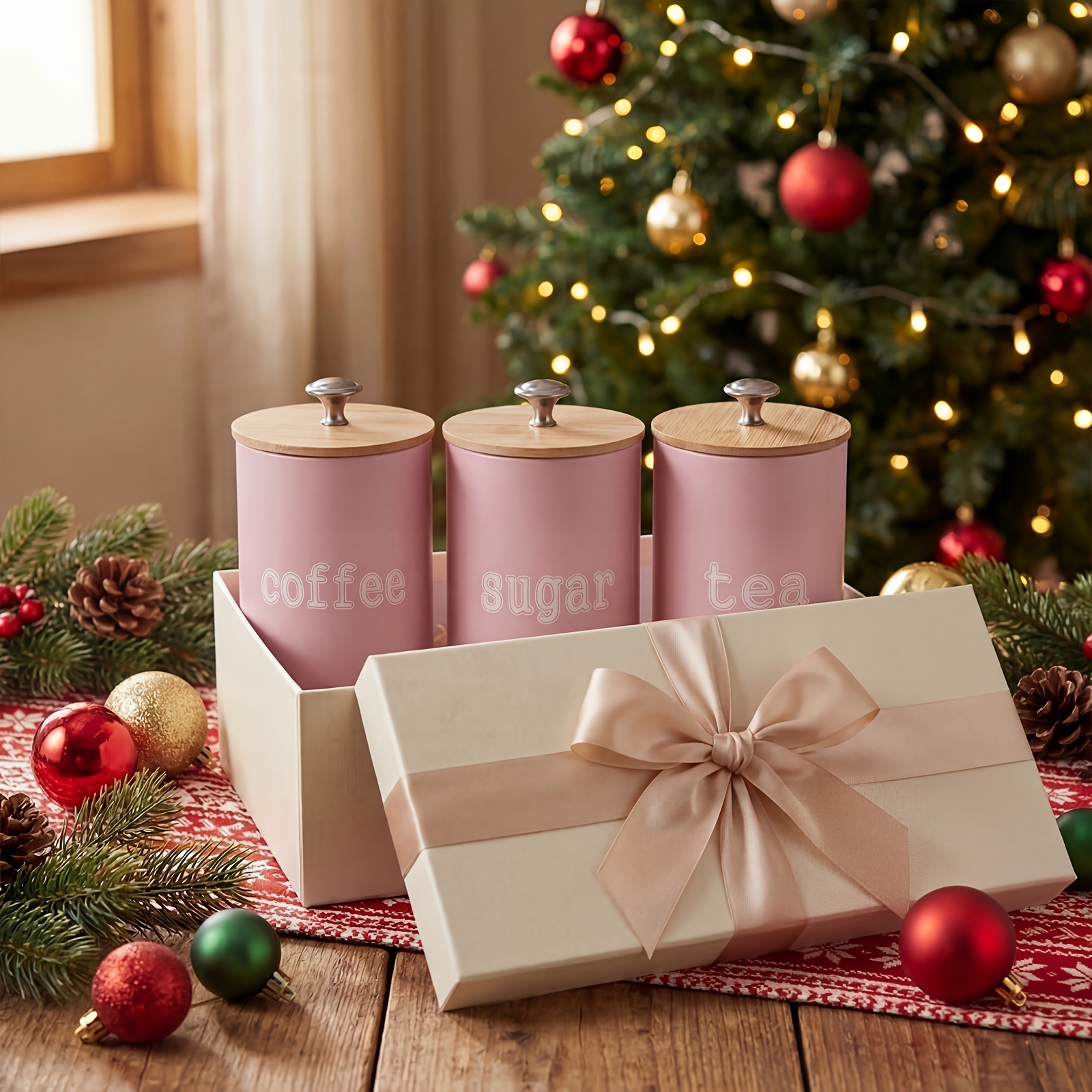 Elegant Pink Metal Canister Set Of 3, Airtight Storage Jars With Bamboo Lids For Coffee, Tea, Sugar, Modern Kitchen Decor & Organization