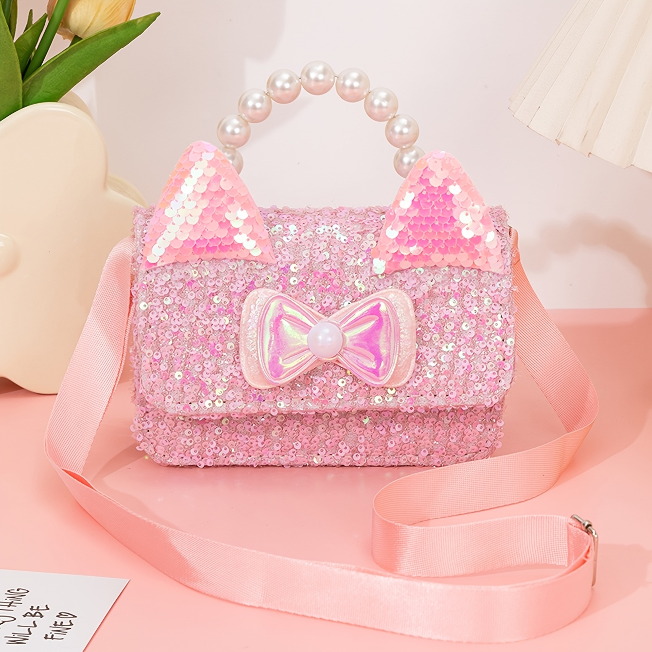 TEMU 1pc Sequin Material Cat Ear   Bow Decoration Handbag, Crossbody Bag, Suitable For , Back-to-school Gift, Holiday Gift