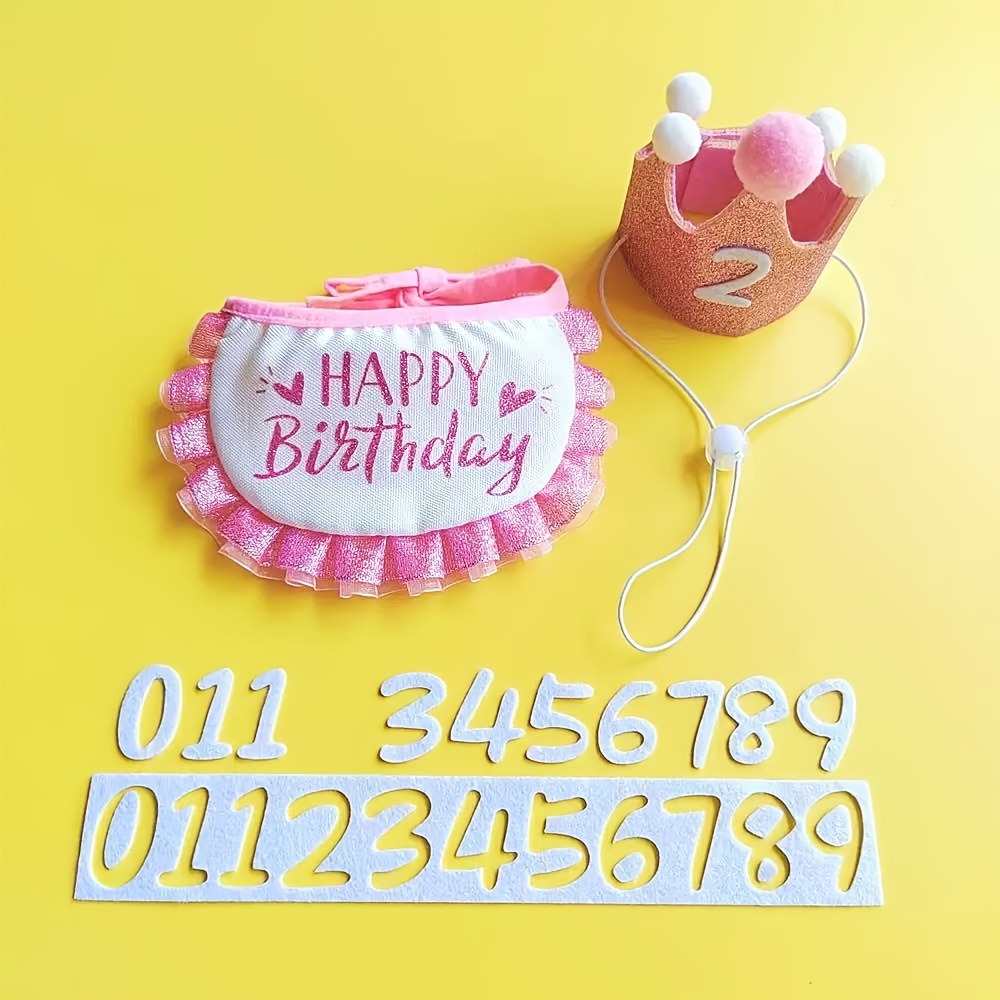 TEMU 3pcs Pet Birthday Party Decor Set: Cute Crown Headband, Bib, And Number Decoration For Cats And Dogs. Soft Adjustable-tie Bandana In Multiple