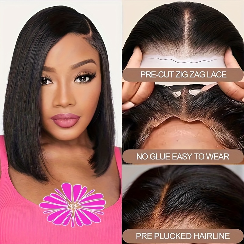 TEMU Perruques lisses en cheveux humains faciles à avec un front en dentelle transparente 4X4, pré-pince et avec des cheveux de bébé pour femmes,