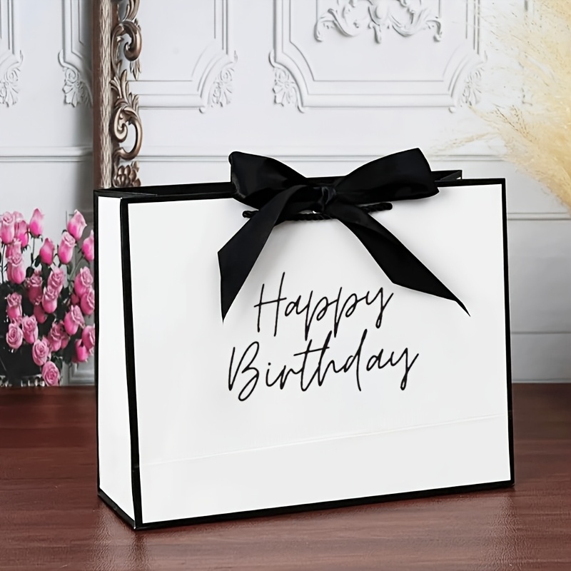 Image of Birthday Gift Bag, Paper Letter Printed Gift Bag, Lightweight Foldable Shopping Tote Bag, Birthday Gift Bag For , Sisters, Moms, Grandmas, Black And White Birthday Gift Bag