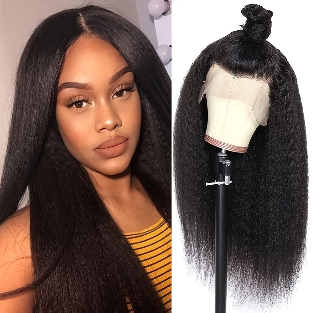 

180% Density Yaki Kinky Straight Lace Front Wigs Human Hair 13x4 Yaki Straight Human Hair Lace Front Wigs Pre Plucked Hd Transparent Lace Front Human Hair Wigs For Women 28 Inch