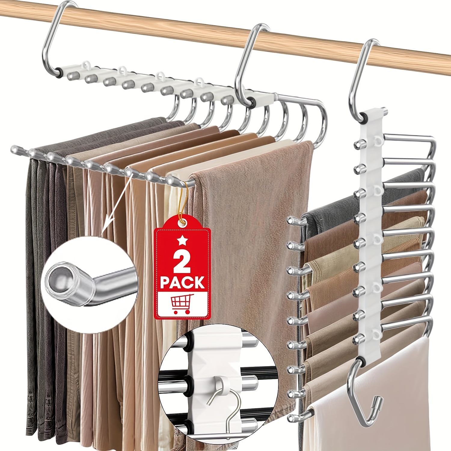 

2pcs, 9-layer Space Saving Pants Hangers - Non-slip Stainless Steel Rack With Hooks For Leggings, Trousers, And Clothing Organization