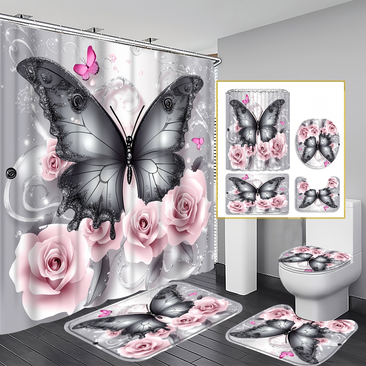 TEMU Ensemble de rideau de douche 2D plat 4 pièces élégant papillon et roses, décoration de salle de bain papillon gris argenté et rose roseux,