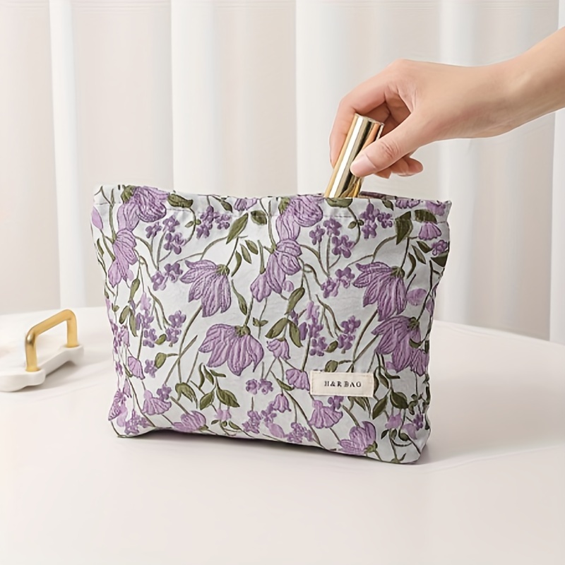 

1pc Taro Flower Pattern Makeup Bag, Portable Zipper Toiletry Organizer, Perfect Travel Storage Bag