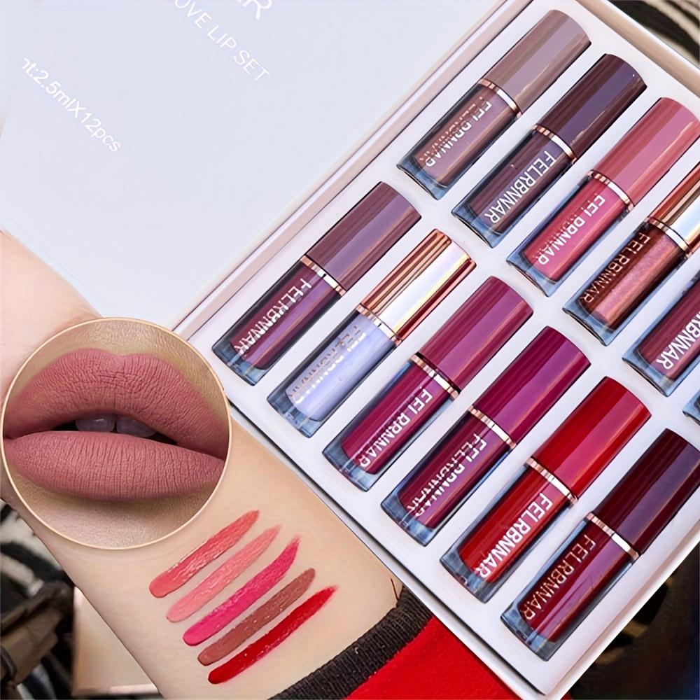 12pcs Velvet Matte Liquid Lipstick Set, Waterproof Long Lasting Quick-drying Non-Stick Cup Nude Lip Stain Kit, Up to 24H Wear, Lip Makeup Gift Kit for Women