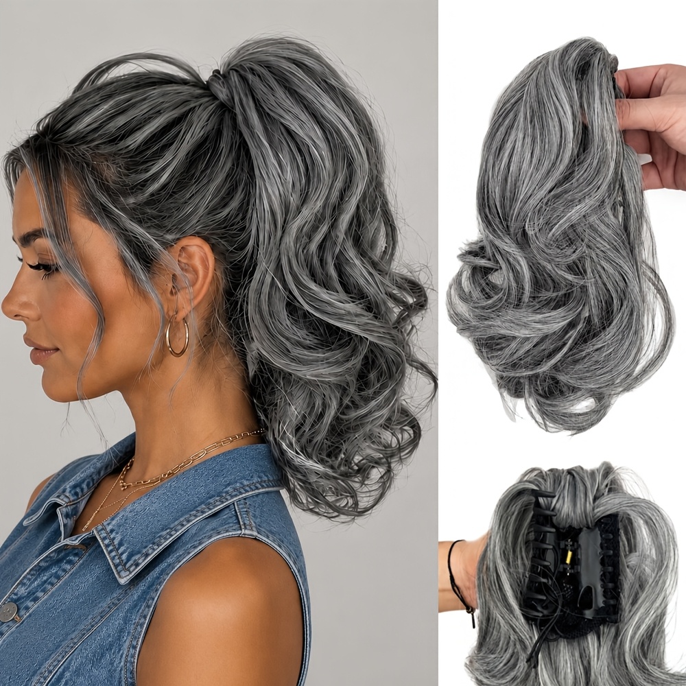TEMU Salt Pepper Grey Short Wavy Claw Clip Ponytail, Lightweight Volumizing Hairpiece For Thin Hair, Stylish Hair Accessory For Halloween Carnival,