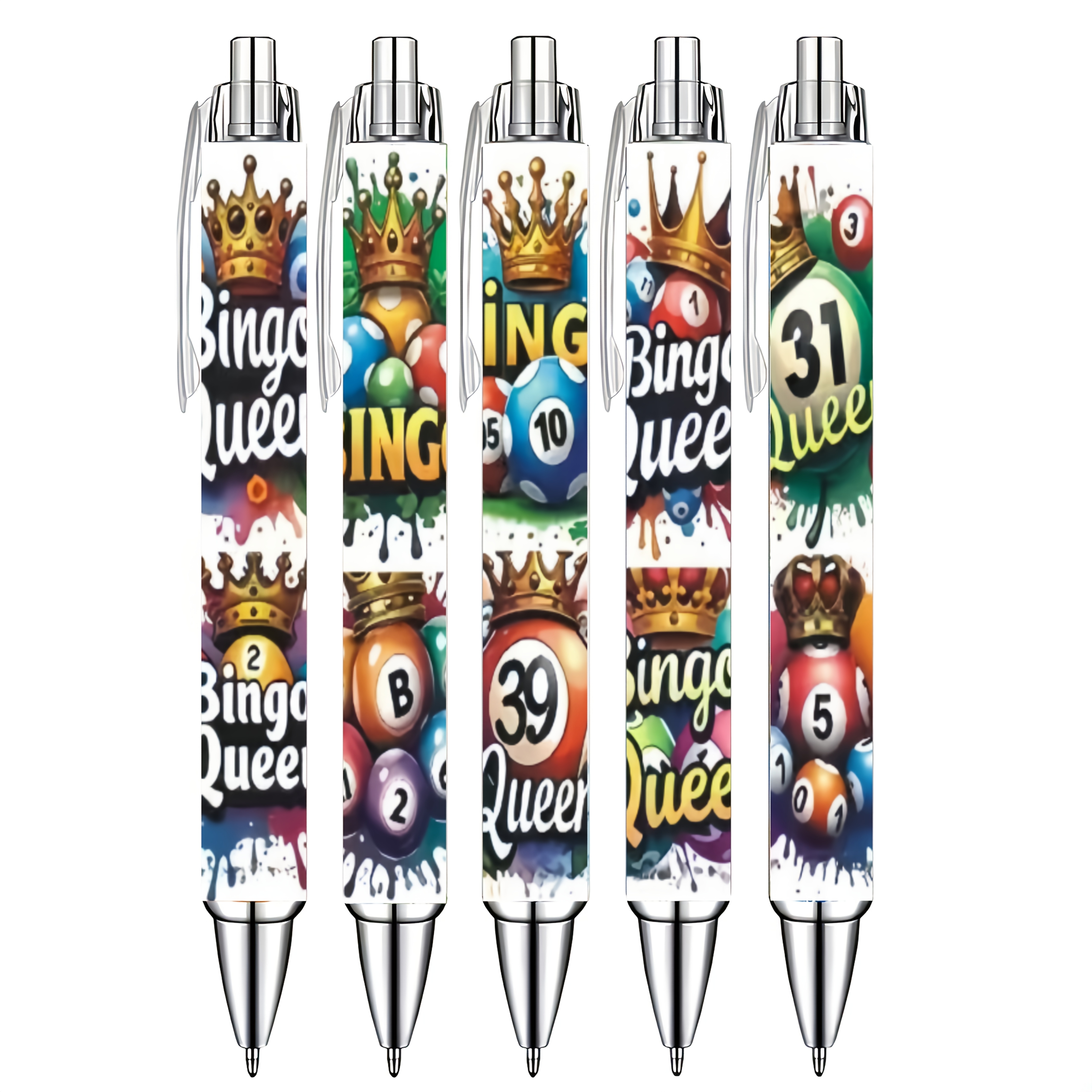 TEMU 5-pack Bingo Queen Printed Click Ballpoint Pens, Colorful Bingo Ball Crown Doodle Signing Pens, Stationery For Bingo Game Enthusiasts, Small