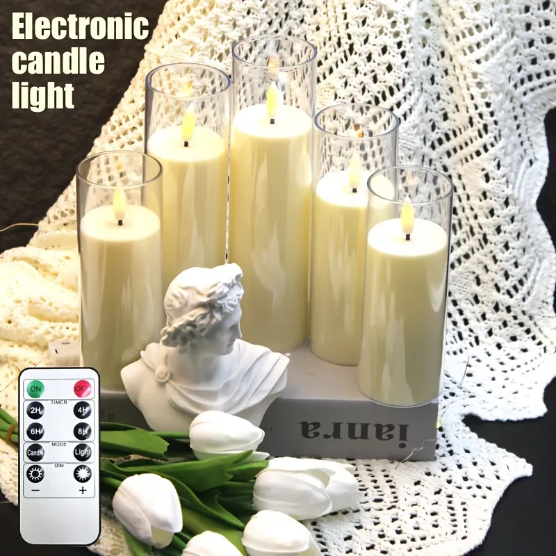 5pcs Transparent Led Flameless Candles With Remote Timer, Flickering Battery Powered Column Candles Flame Black Wick Romantic Real Wax Electric Wish Candle Halloween Christmas