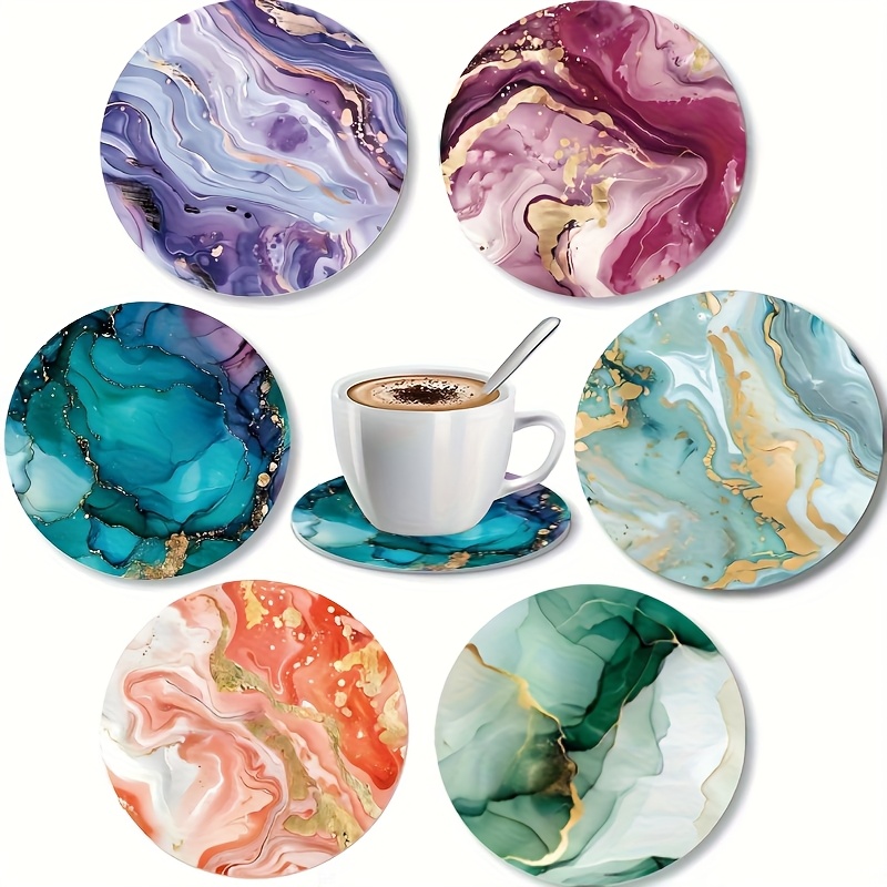 TEMU 6 Vivid Marble Art Wooden Coasters With A Colorful Summer Design Featuring Swirls In Blue, Green, Pink, And Golden. Suitable For Patio, Kitchen,