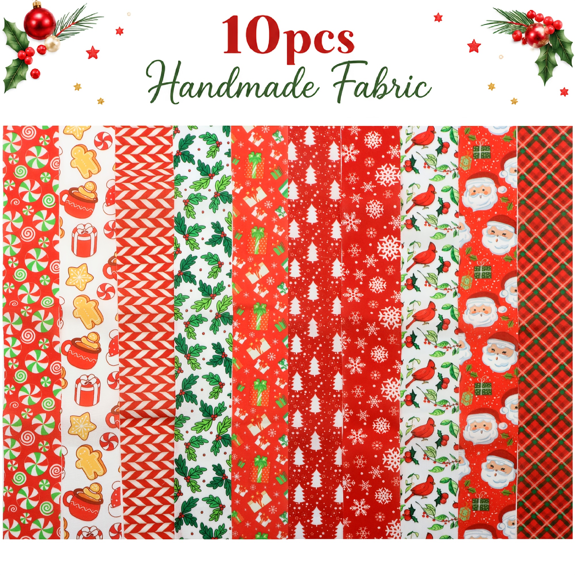TEMU 10pcs Vintage Cadeau Père Noël Plaid Thème Noël Jelly Roll Bandes de Tissu 2.5X19.7Inch Pré-Coupées 100% Polyester pour Patchwork Quilts, de