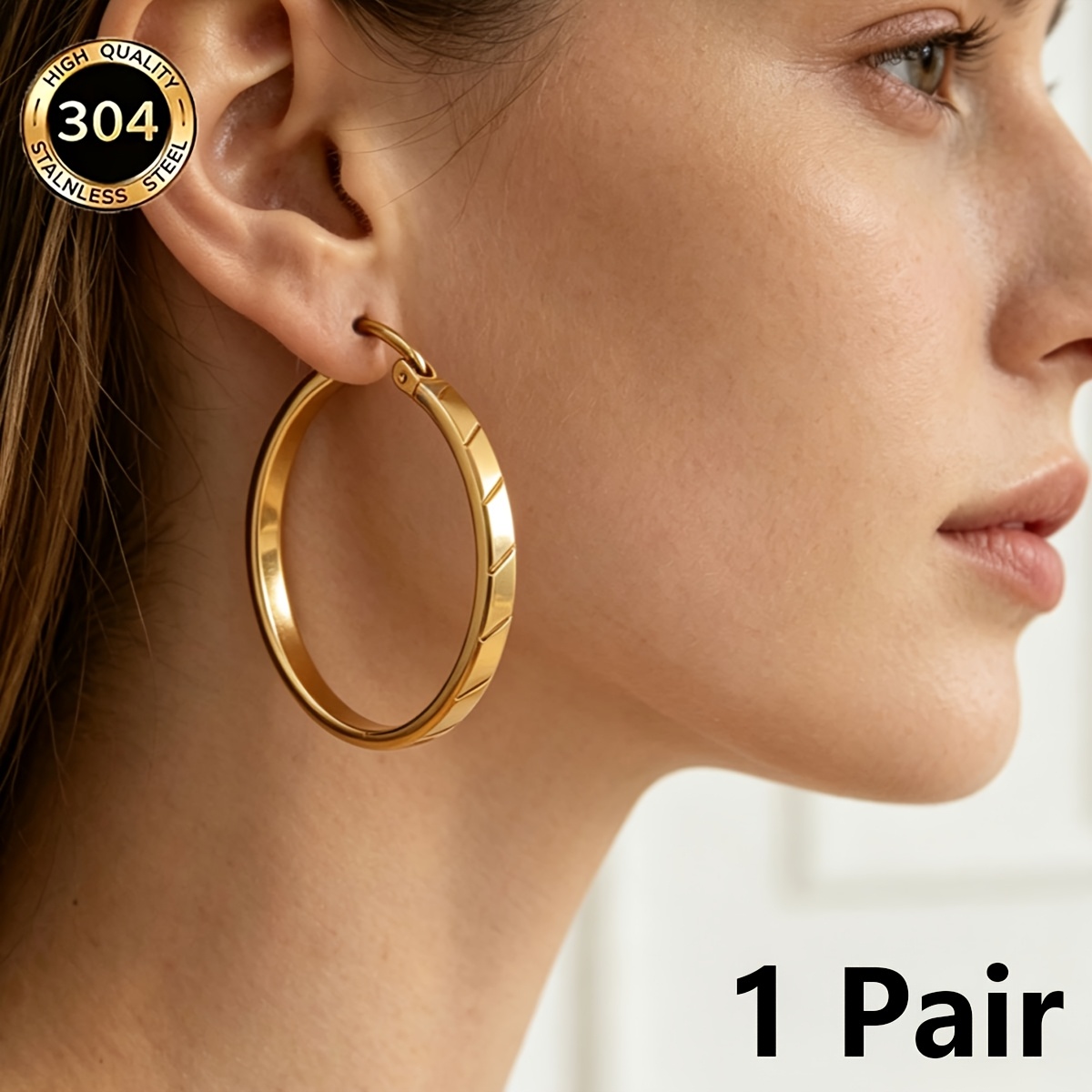 TEMU 1 Paire de Créoles Minimalistes Larges en Acier Inoxydable 304 à Biseauté, Style Vintage Simple, Rehausse la avec les Tenues de Quotidiennes,