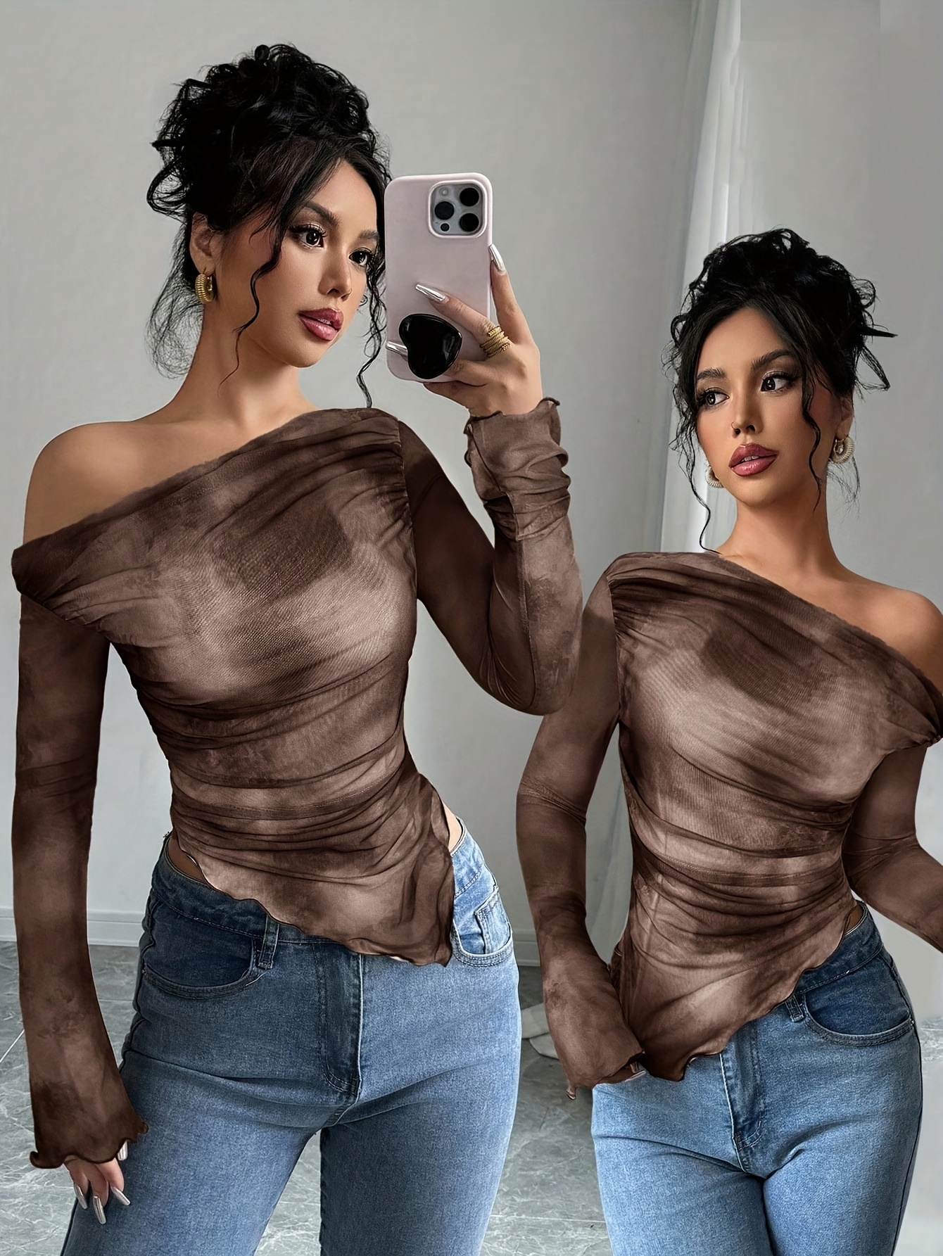 item picture womens asymmetrical neckline tie dye print long sleeve fitted stylish t shirt
