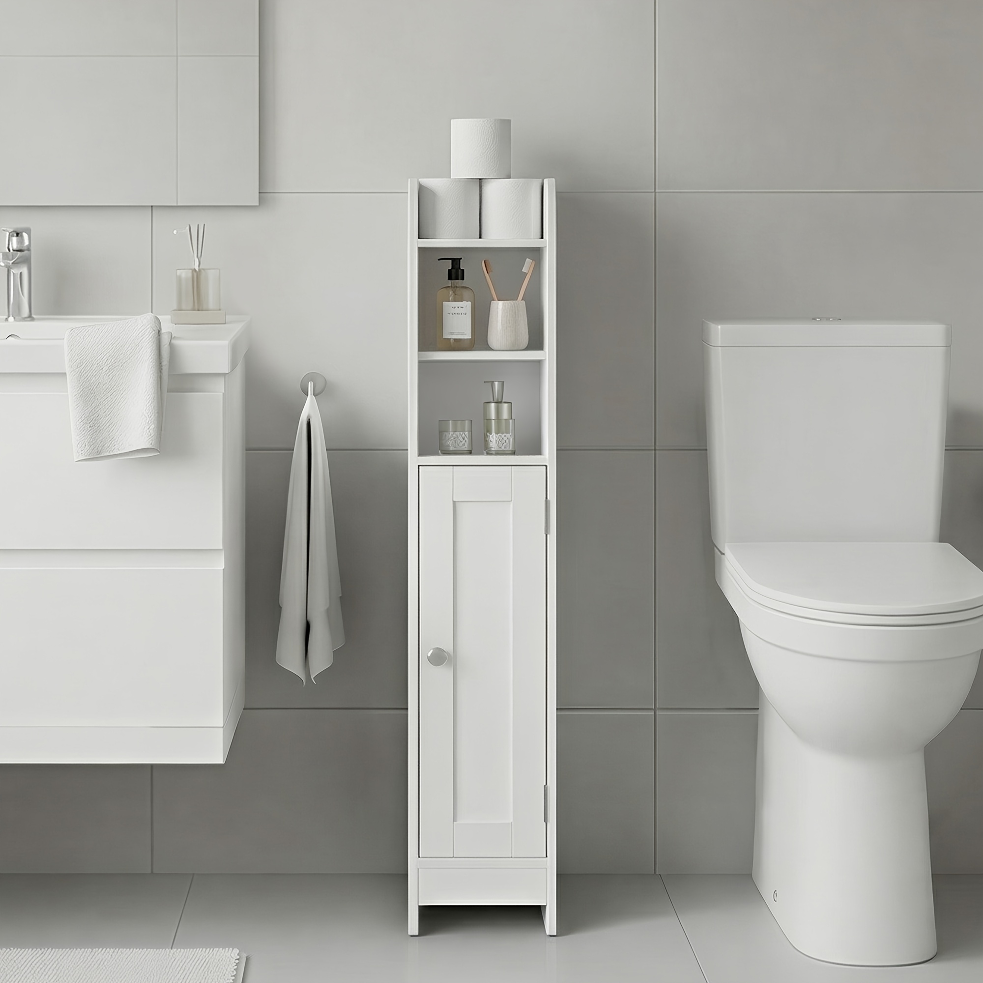 Image of Small Bathroom Cabinet, Narrow Bathroom Cabinet, Standing, With Door And Shelf, Small Cabinet For Toilet Paper, Toilet Cabinet, Adjustable Shelves, 20 X 18 X 92 Cm, Cloud