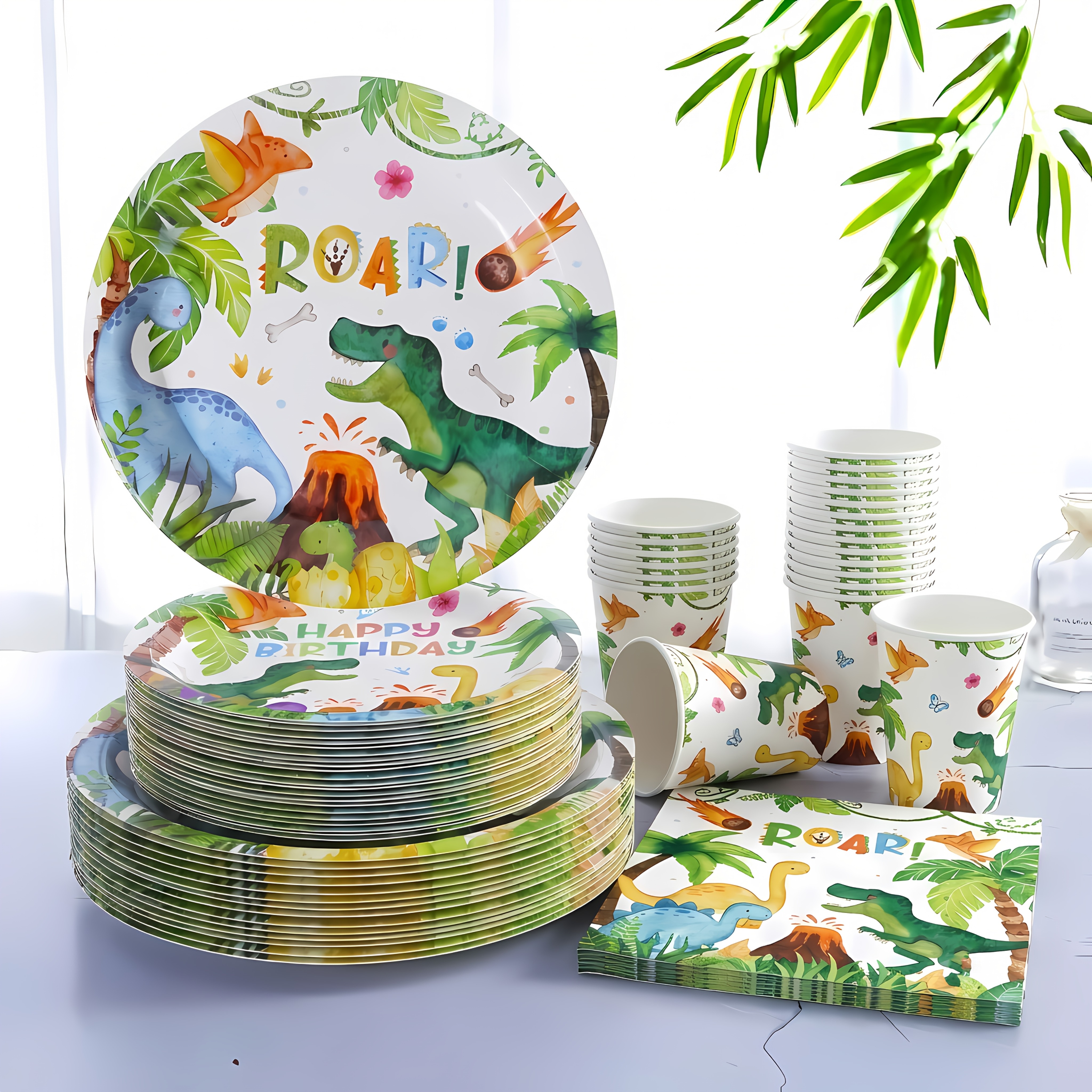 Image of 80pcs Birthday Party Tableware Set With Plates, Cups & Napkins Suitable For &, Volcano Jungle Themed Decorations For, Plates/cups/napkins For Parties, Paper Table Setting