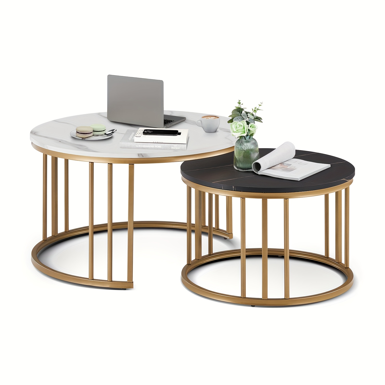 Nesting Coffee Tables Set Of 2, Round Coffee Tables With Modern Marble Black Nest Of Tables For Living Room Home Office