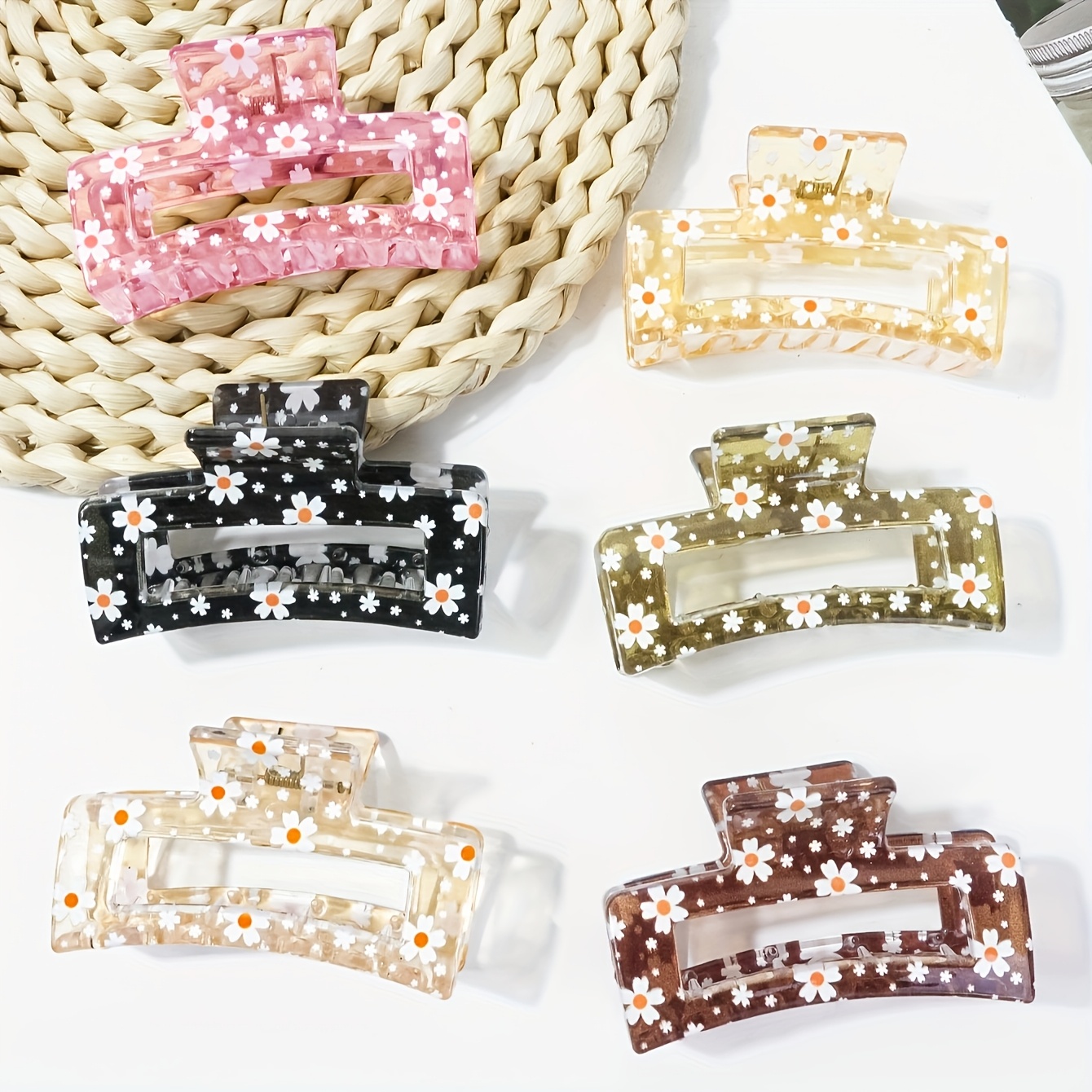 E-shop 6 Stück Transparente Blumen Mittelgroße Rechteckige Haarspangen Set, Gänseblümchen Blume Rutschfest Starker Halt, Geeignet für Frauen, Elegantes