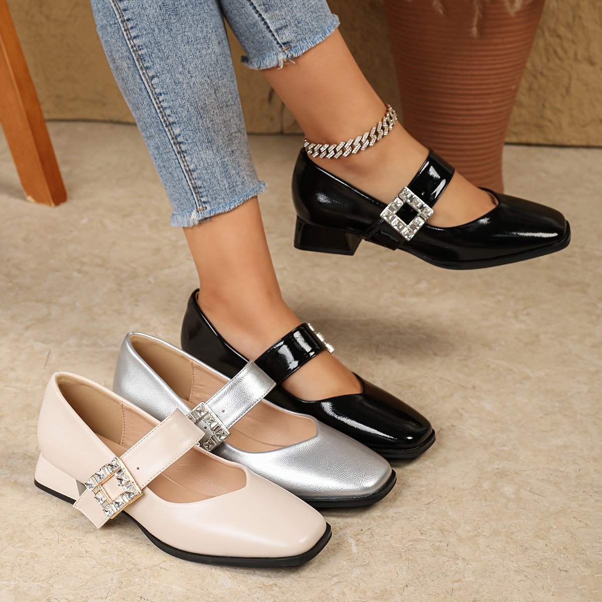 

Shoes Low Thick Heels, A Strap, Toe, French Evening Style, And Large Size