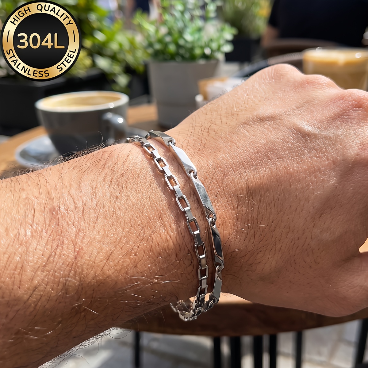 Image of 2pcs Of 304l Stainless Steel Bracelet, Waterproof And Non-fading, Men's Jewelry Set, Fashionable Jewelry, Suitable For Daily Wear, Perfect For Holiday Gifts
