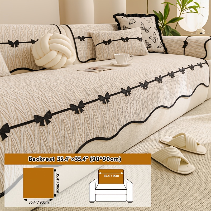 TEMU 1pc Wavy Chenille Sofa Cushion With Black Bow Decorative Lace, Cat Scratch Resistant, Suitable For , , Machine Washable, Ideal For Rooms,
