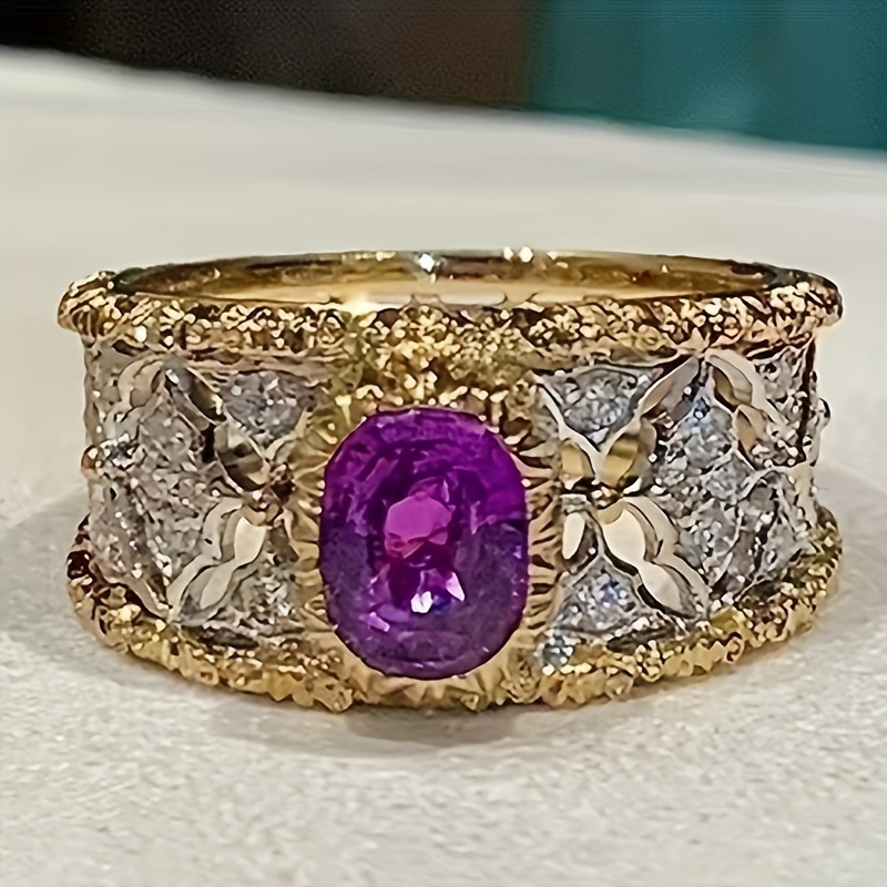 

Elegant Vintage Hollow-out Design Ring With Synthetic Purple Gemstone - Copper Engagement Band With Micro-pave Cubic Zirconia February Birthstone, Mardi Gras Day Wedding Party Jewelry For Women